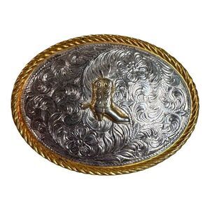 Vintage Western Style Oval Belt Buckle Etched Silver Gold Tone Cowboy Boot Rope